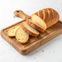 Freshly baked bread loaf sliced on a wooden cutting board, homemade baking, delicious staple, copy space