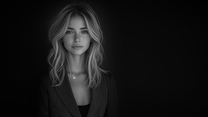 Fototapeta premium Schwarz-Weiß-Porträt einer Frau mit welligem blondem Haar im Low-Key-Stil vor dunklem Hintergrund
