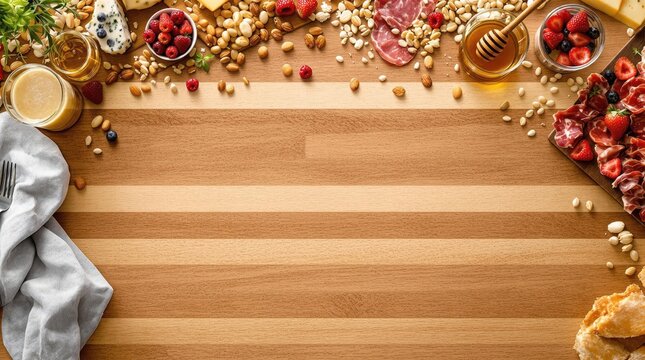 Butcher block countertop overhead view with gourmet charcuterie board featuring cheese, cured meats, berries and nuts on end-grain wooden surface in natural lighting
