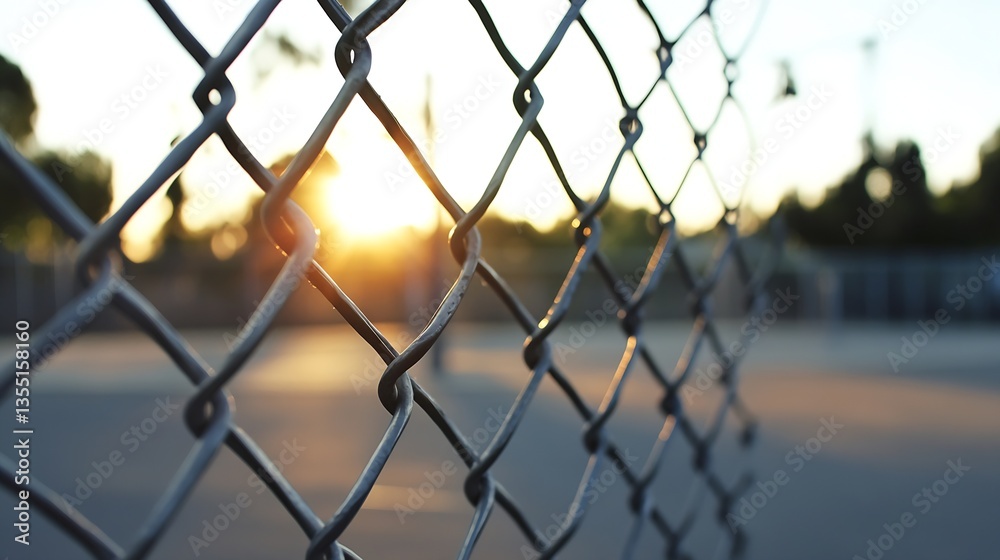 Poster Close up of a chain link fence with the sun setting in the background casting a warm glow onto the scene : Generative AI