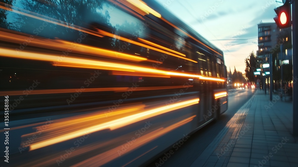 Poster Dynamic city traffic with a tram in motion at dusk showcasing light trails against an urban backdrop : Generative AI