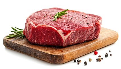 Fresh raw beef steak garnished with sprigs of rosemary, ripe cherry tomatoes, and black peppercorns, perfect for grilling or cooking a flavorful meal