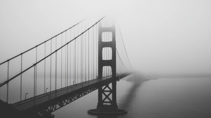 Foggy suspension bridge in monochrome.