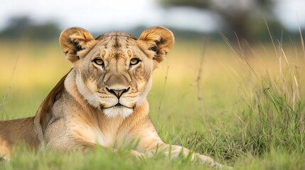 Obraz premium Majestic lioness resting gracefully in the tall grass of the savannah : Generative AI
