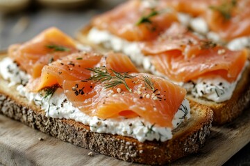 Smoked salmon canapes are garnished with cream cheese, fresh dill, and black pepper