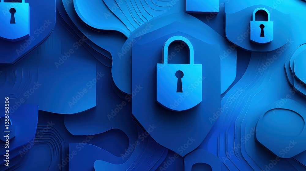 Aufkleber Cybersecurity paper art with layered locks and shield shapes in modern blue gradients, emphasizing digital protection and encryption methods
