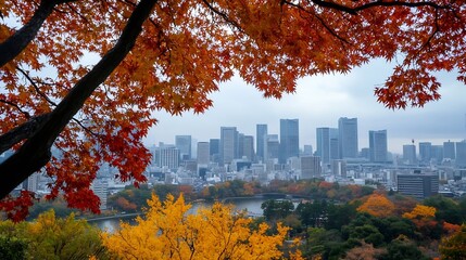 Stunning autumn foliage frames a vibrant cityscape highlighting seasonal colors in urban nature : Generative AI