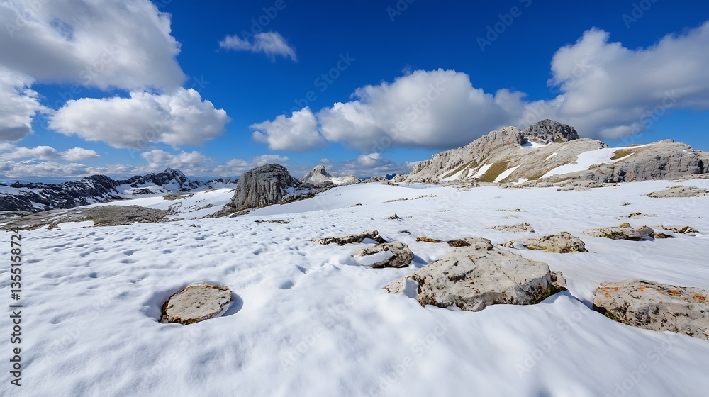 Poster expansive snowy mountain landscape featuring rugged terrain and scattered rocks under a bright sky :