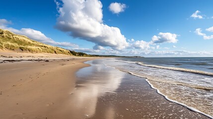 Beautiful beach landscape with gentle waves and fluffy clouds under a bright blue sky : Generative AI