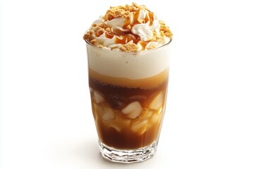 Glass of tasty caramel latte coffee decorated with whipped cream, caramel sauce and crumble topping on white background