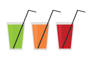 Freshly squeezed juices in glasses with straws. Pomegranate, carrot and apple juice. Isolated vector illustration.