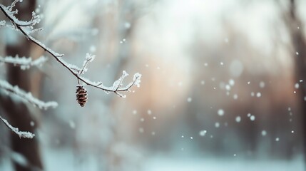 Winter wonderland scene with frosted pinecone hanging from a branch in a serene snowy landscape : Generative AI