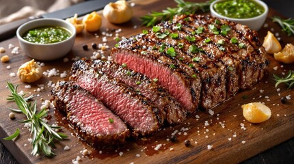 Flank steak sliced on wooden cutting board with herbs, perfectly cooked medium-rare beef with pink center and seared exterior, gourmet food photography with chimichurri sauce and seasonings