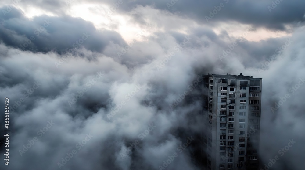 Poster mysterious urban scene with a tall building emerging from thick clouds during a gloomy sunset : gene