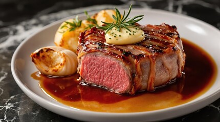 Bacon wrapped filet mignon with herb butter and red wine reduction on white ceramic plate, medium-rare steak with rosemary sprig and roasted garlic, gourmet dinner presentation