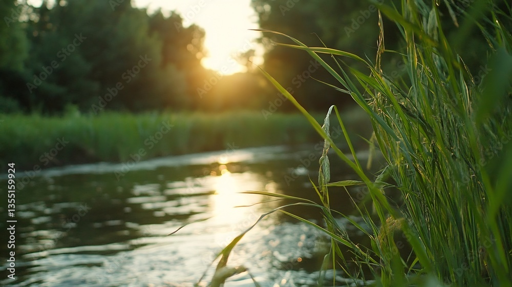 Aufkleber peaceful riverside scene with tall grass and a glowing sunset reflecting on calm waters : generative