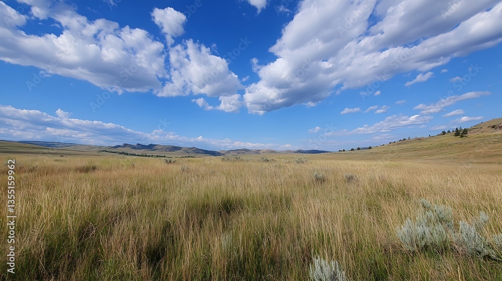 Poster expansive blue sky above a serene grassland with rolling hills : generative ai