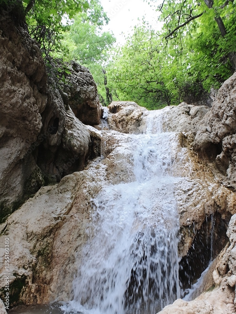 Poster Breathtaking Image of a Waterfall Cascading Down Rocky Terrain Surrounded by Greenery : Generative AI