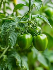 Fresh green bell peppers growing on a plant in a vibrant garden setting surrounded by lush greenery : Generative AI