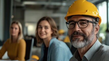 Professional Engineer Smiling with Yellow Hard Hat in Office with Colleagues