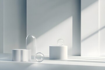 Geometric White Product Display Stands with Clear Glass Accents and Sunlight