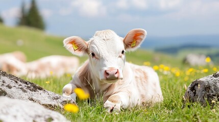 Obraz premium Adorable Young Calf Resting in Lush Green Meadow Surrounded by Colorful Wildflowers : Generative AI