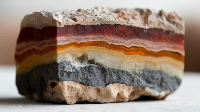 Rotating mineral slice reveals vibrant layered geode patterns in natural light