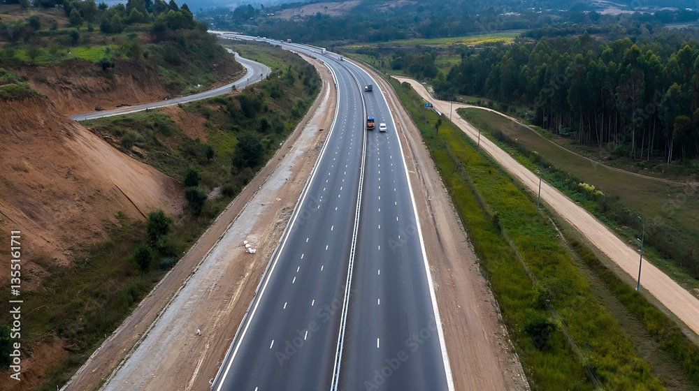 Poster aerial view of a busy highway with vehicles surrounded by lush green hills and fields : generative a