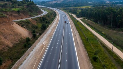 Aerial view of a busy highway with vehicles surrounded by lush green hills and fields : Generative AI