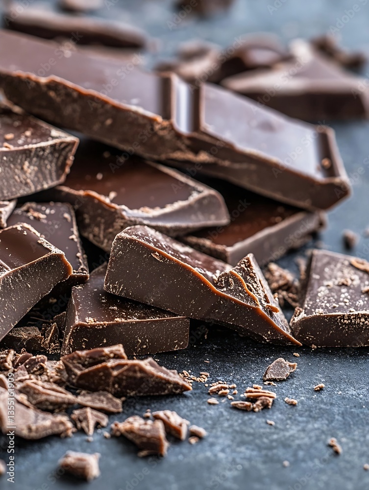 Poster deliciously broken pieces of chocolate stacked artistically on a dark slate background emphasizing l