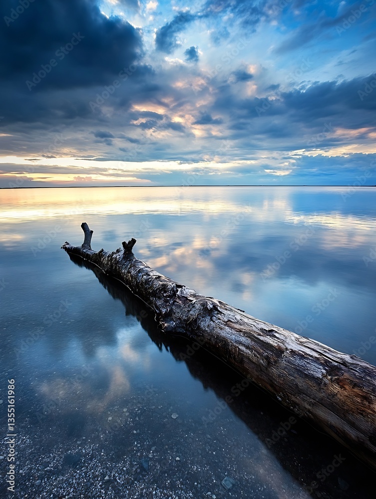 Aufkleber majestic sunset reflecting on tranquil waters with a weathered log resting at the shoreline : genera