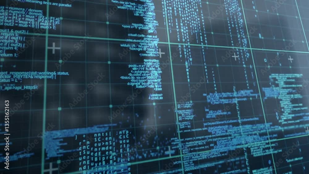 Poster displaying digital code and data structures, animation on futuristic blue screen