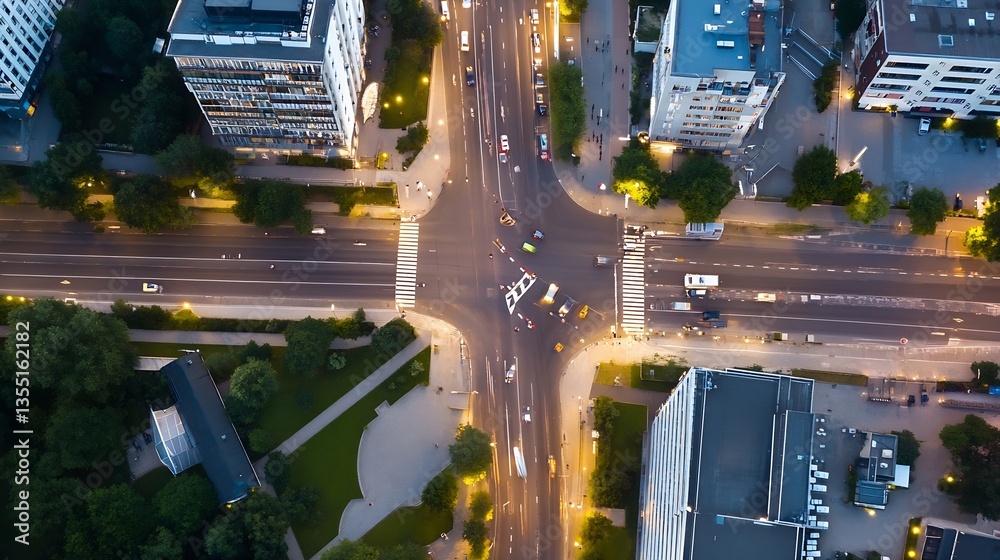 Aufkleber Aerial view of a busy urban intersection illuminated at night with traffic moving in multiple directions : Generative AI