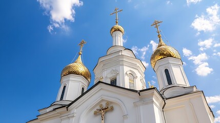 Magnificent church with golden domes under a bright blue sky showcasing architectural beauty : Generative AI