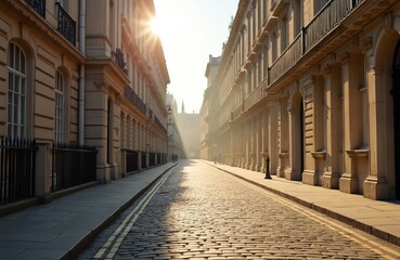 Fototapeta premium Historic London street scene bathed in morning sunlight. Cobbled road, lined with classical buildings creates peaceful urban landscape. Travel photo of old architecture. Golden hour light shines on