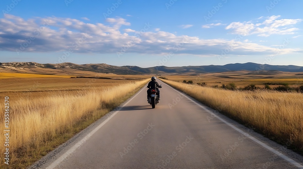Poster motorcyclist riding on an open road surrounded by beautiful scenic fields : generative ai