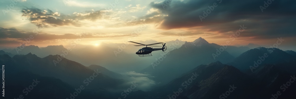 Poster rescue helicopter soaring over dramatic mountain landscape at sunset with dynamic clouds and strikin