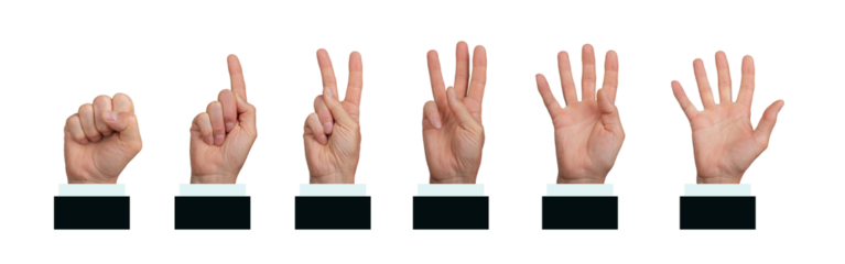 Hand counting numbers 1, 2, 3, 4, 5 in a business office setting. Employee showing digits in a