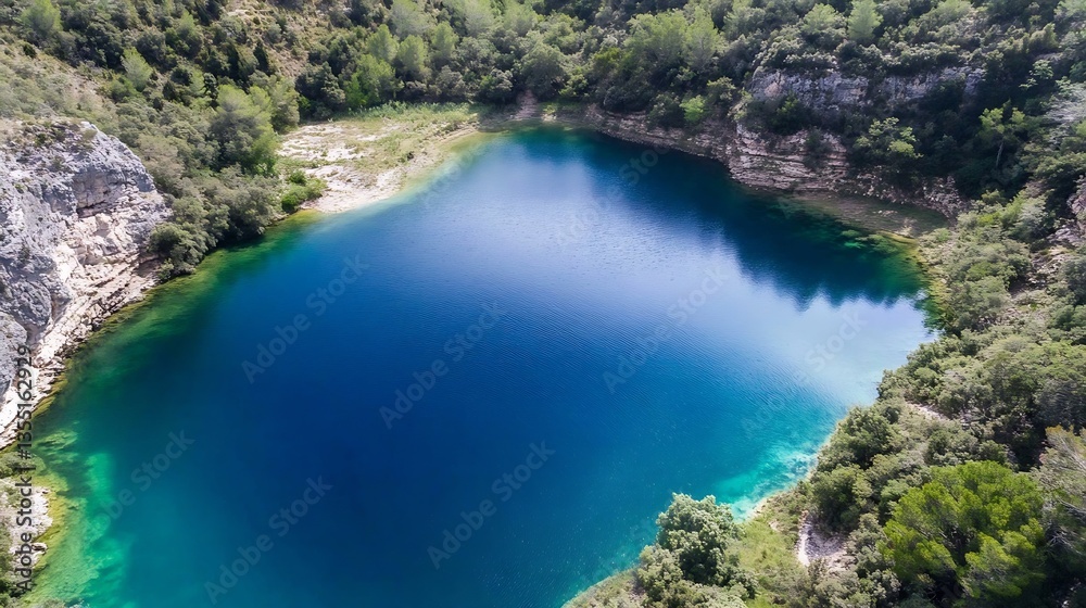 Poster Aerial view of a hidden blue lake surrounded by lush green trees in a serene environment : Generative AI