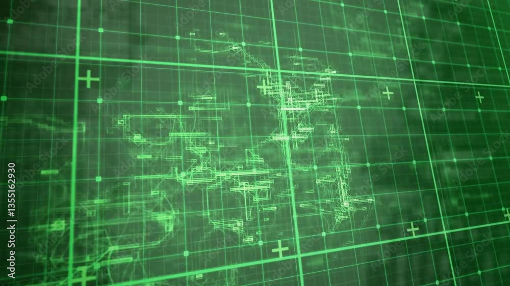 Poster animation of digital grid with green lines forming abstract world map pattern