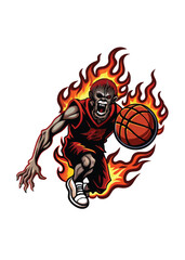 A decayed zombie basketball player executes a powerful dunk, showcasing ripped clothing and exposed bone.  Detailed, gritty style.