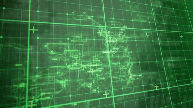 Animation of digital grid with green lines forming abstract world map pattern