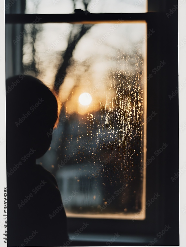 Poster Silhouette of a child gazing at a sunset through a fogged window creating a nostalgic scene : Generative AI