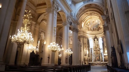Naklejka premium Opulent Interior of Elegant Church with Grand Arches and Ornate Chandeliers : Generative AI