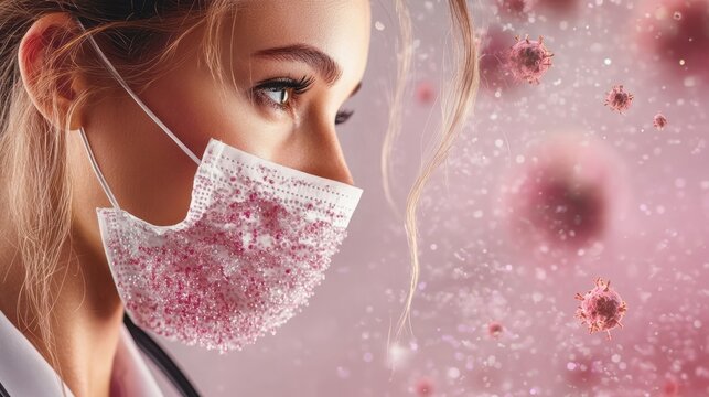 World Health Day concept. A doctor wearing a mask surrounded by microorganisms.