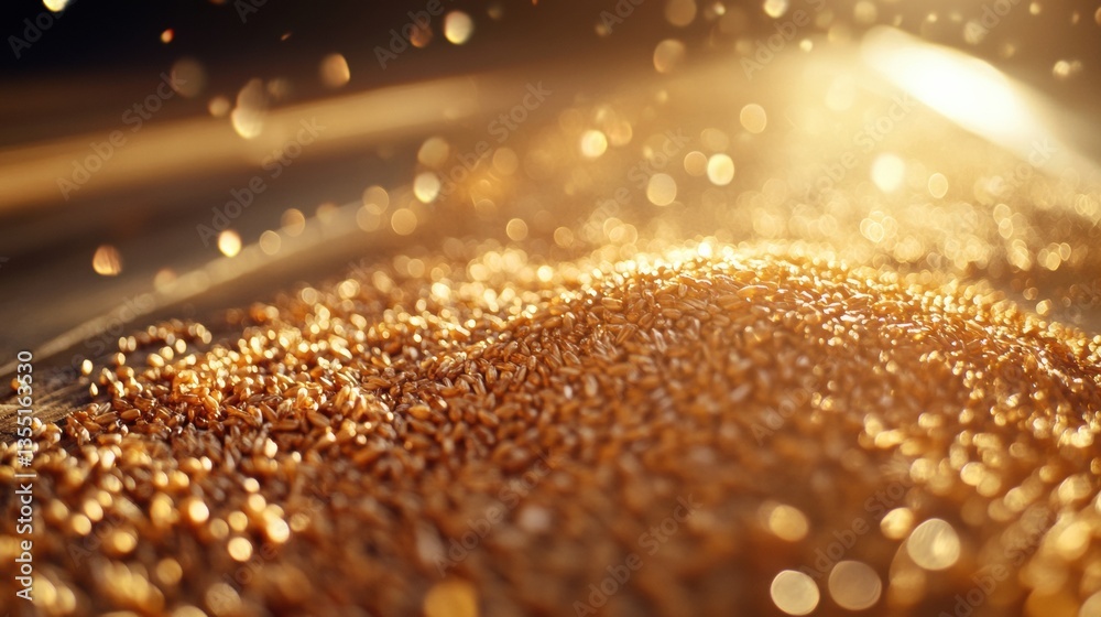 Poster golden wheat grains glimmering on rustic wooden table with warm reflections and soft lighting for pr