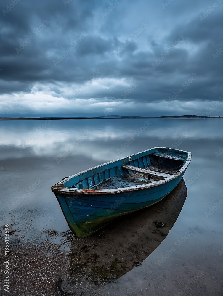Poster old abandoned wooden boat floating on calm waters under overcast sky : generative ai