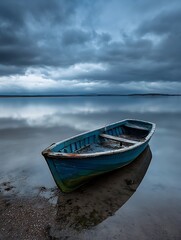 Naklejka premium Old Abandoned Wooden Boat Floating on Calm Waters Under Overcast Sky : Generative AI