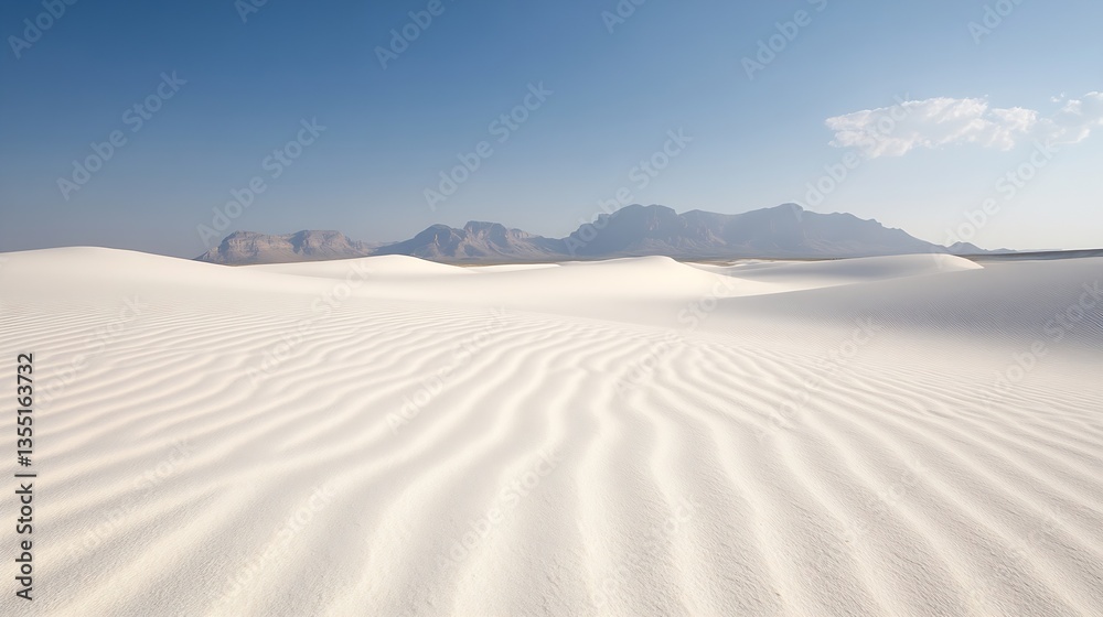 Poster expansive sandy landscape with soft undulating sand dunes contrasted against distant mountains under