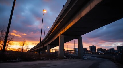 Dramatic sunset view under a highway bridge with urban skyline in background : Generative AI